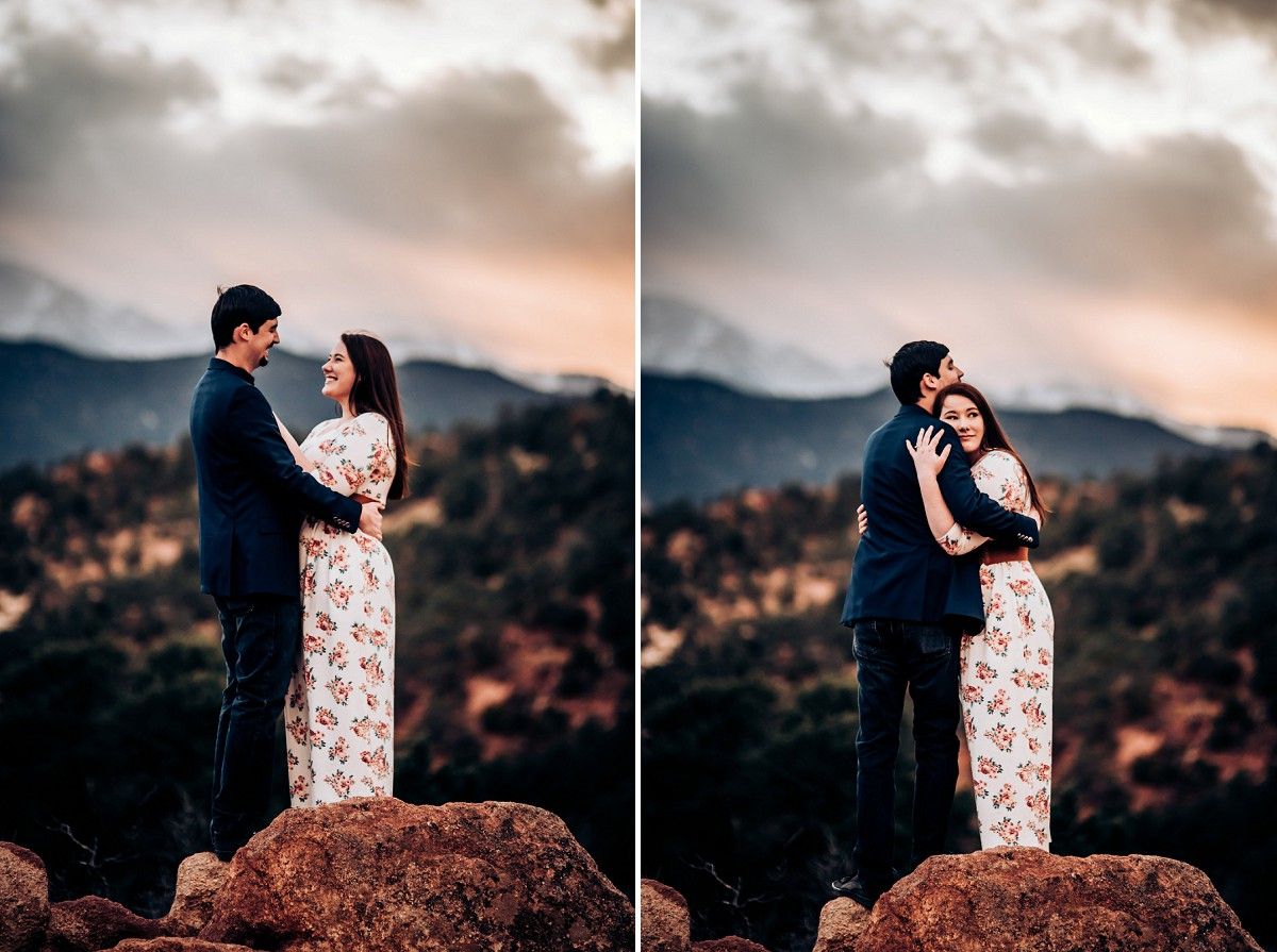 Two romantic poses of a couple on a mountain peak during sunset.