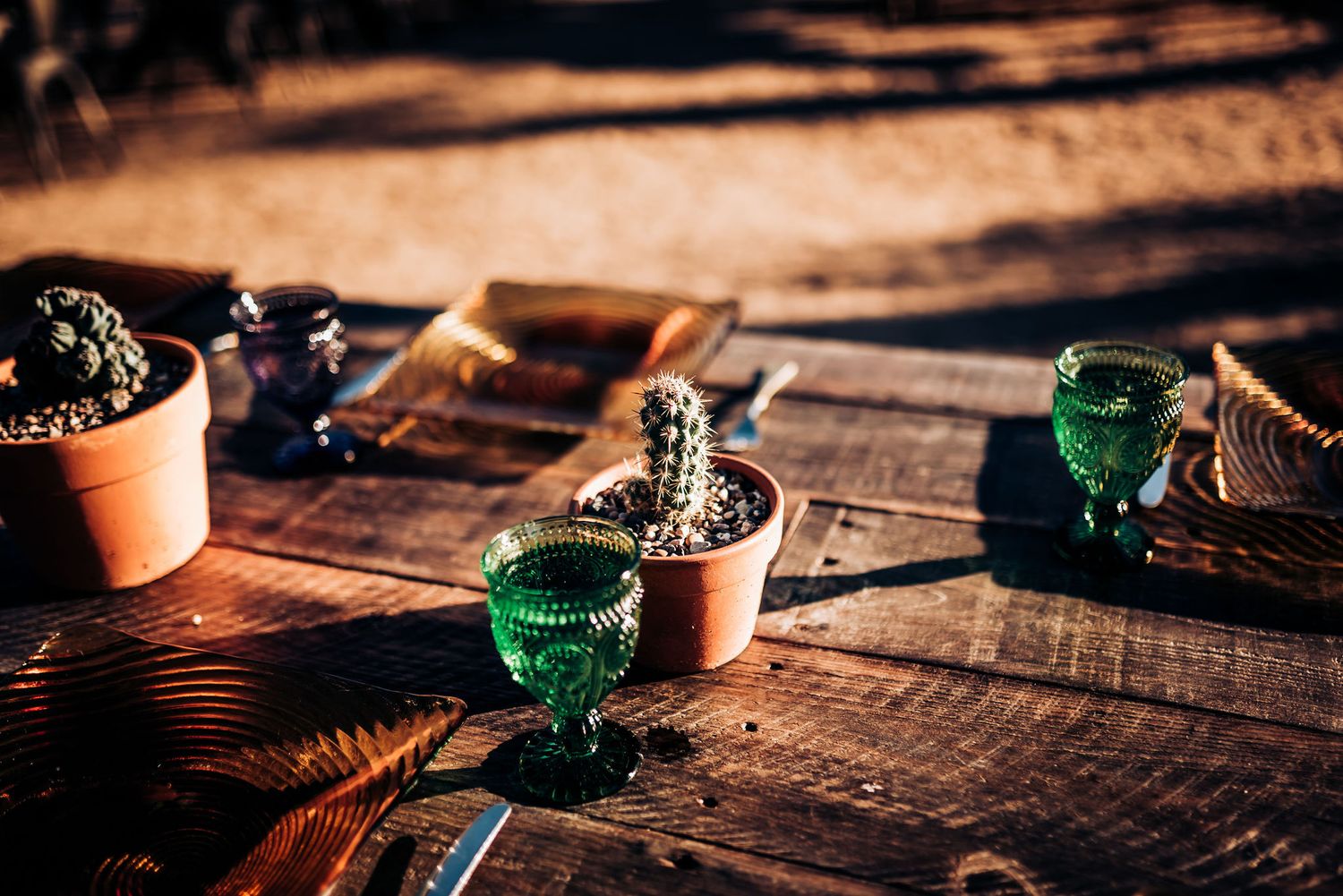 Small potted cacti and green drinking glasses arranged on wooden tables at sunset.
