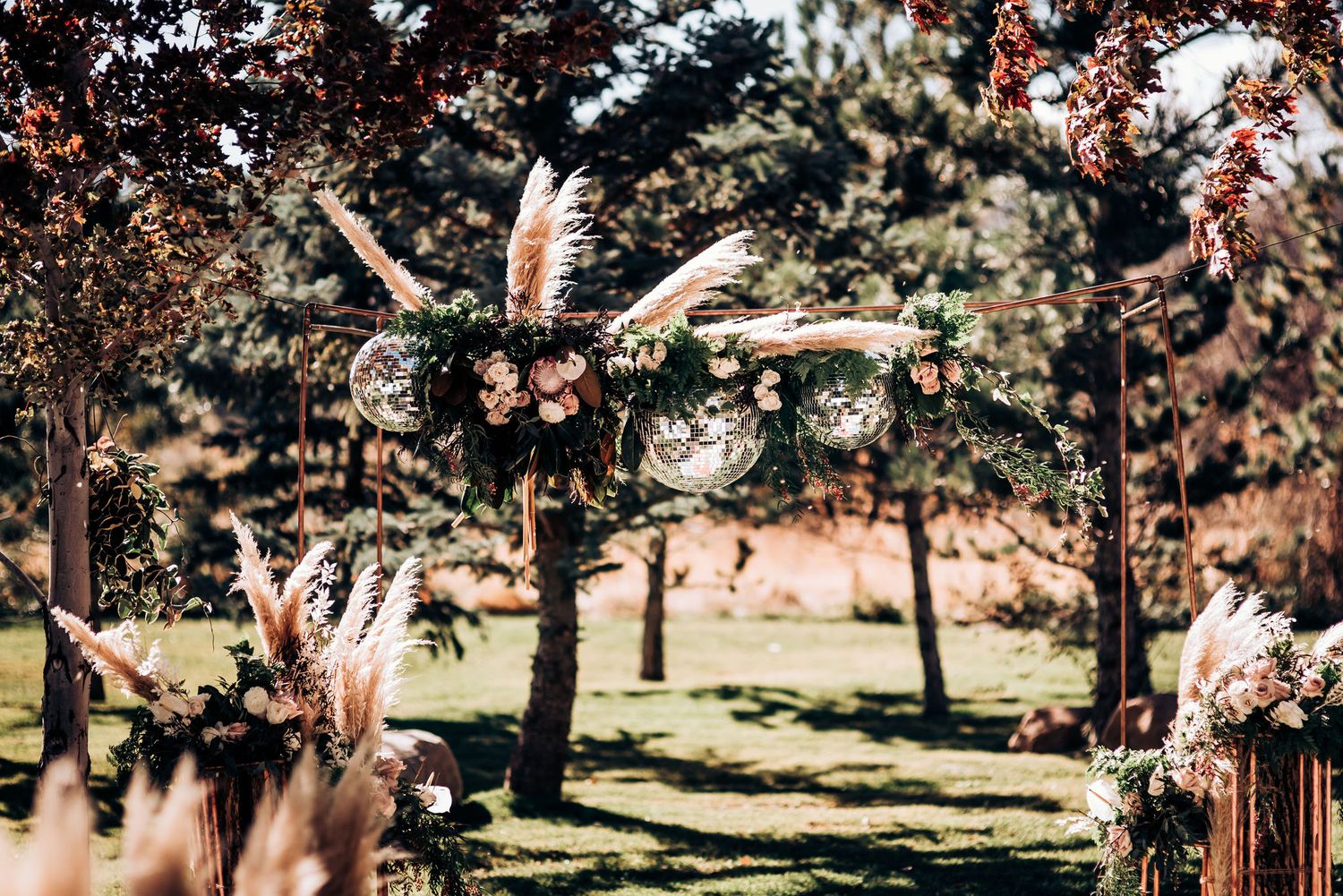 A rustic wedding arch decorated with pampas grass and flowers stands in a sun-dappled outdoor setting.