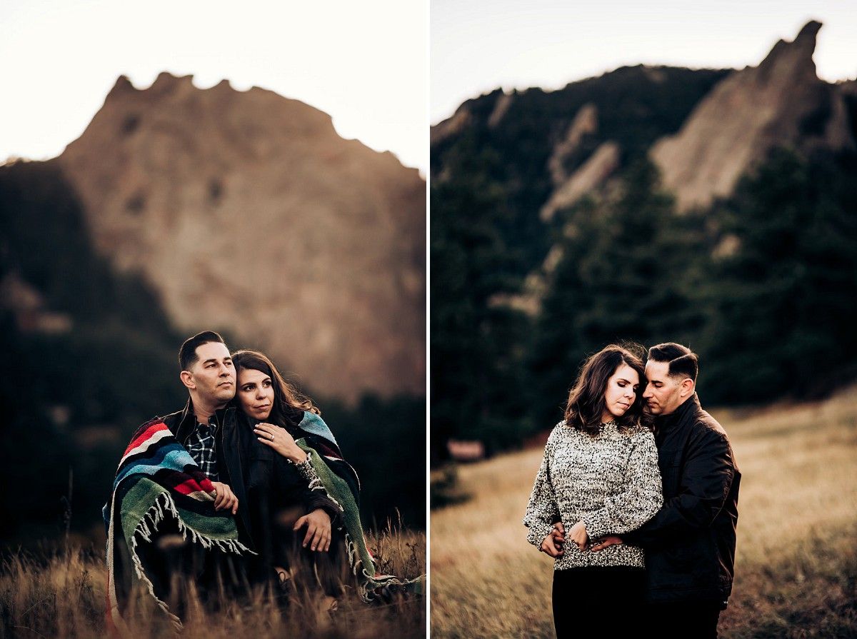 Two intimate portrait poses of a couple embracing near mountain peaks during golden hour.