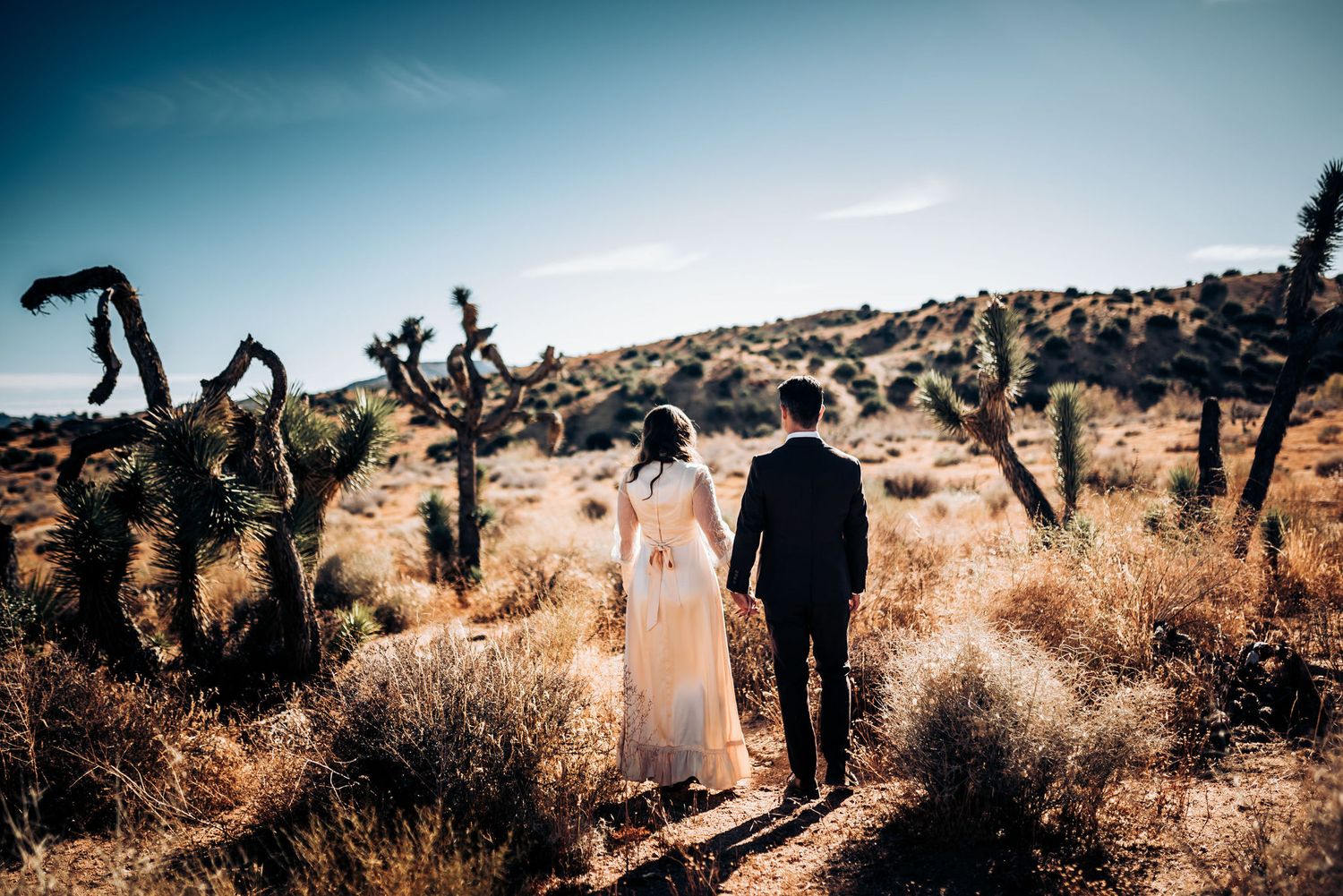 Couple in wedding attire walking through Joshua tree desert landscape.