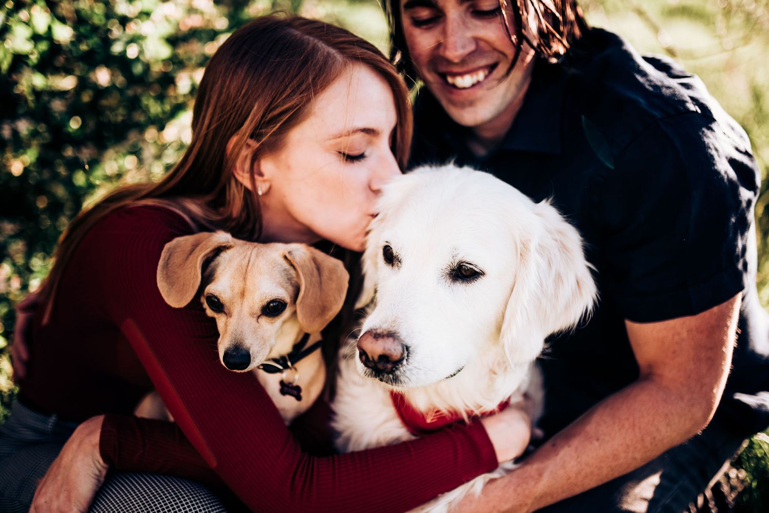 A couple cuddles with their two dogs, a white retriever and small brown dog, outdoors.
