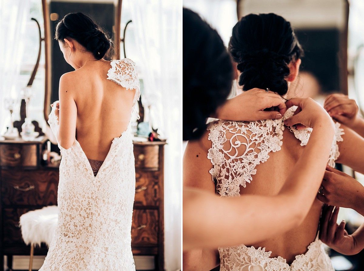 Side-by-side views of delicate lace details on back of wedding gown.