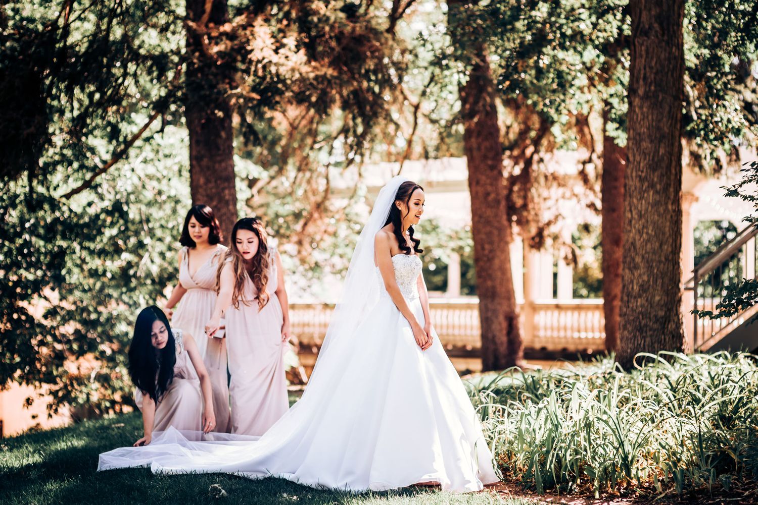 A wedding party gathering outdoors under tall trees on a sunny day.