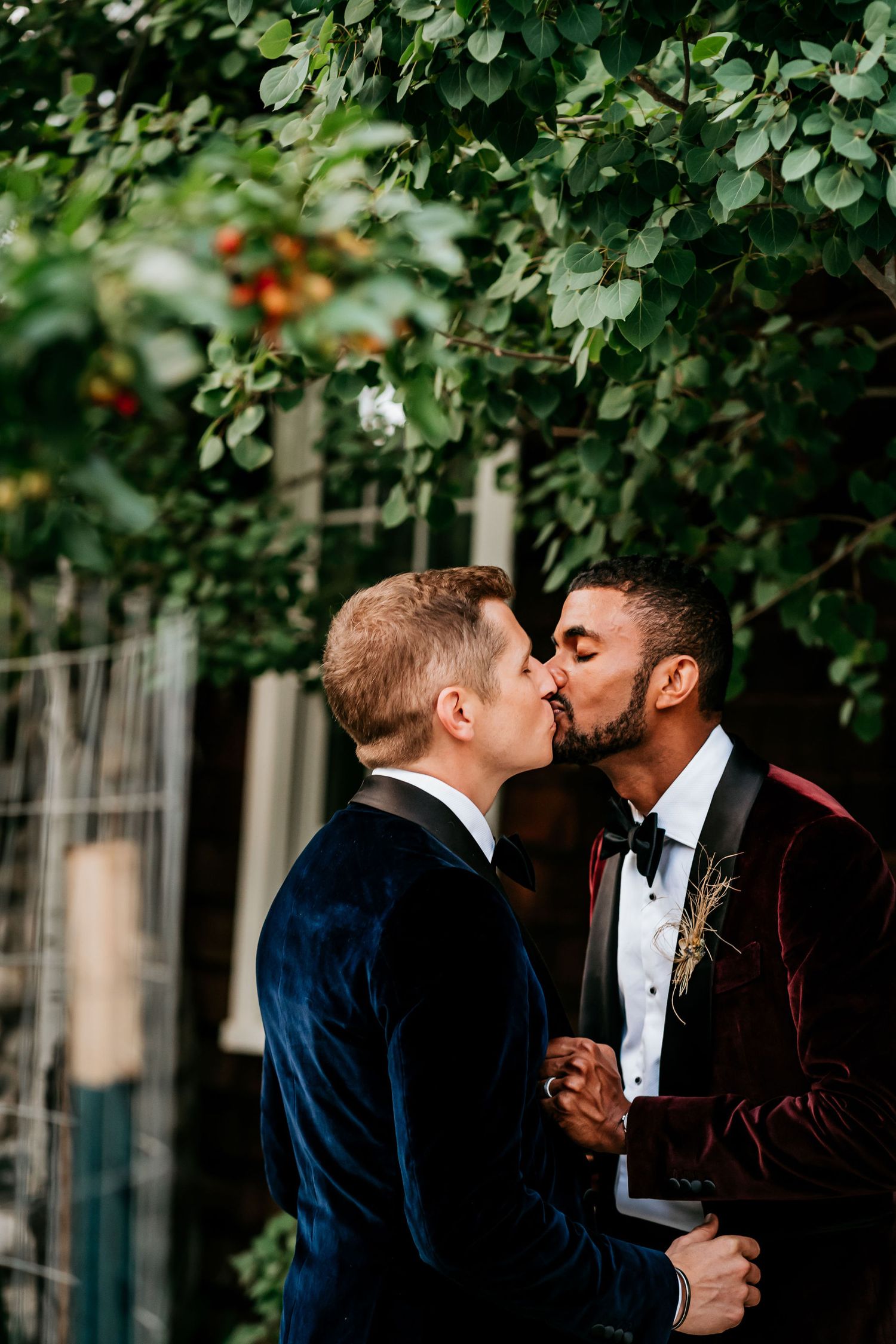 A romantic kiss under lush green foliage between two people wearing formal tuxedos at a wedding celebration.