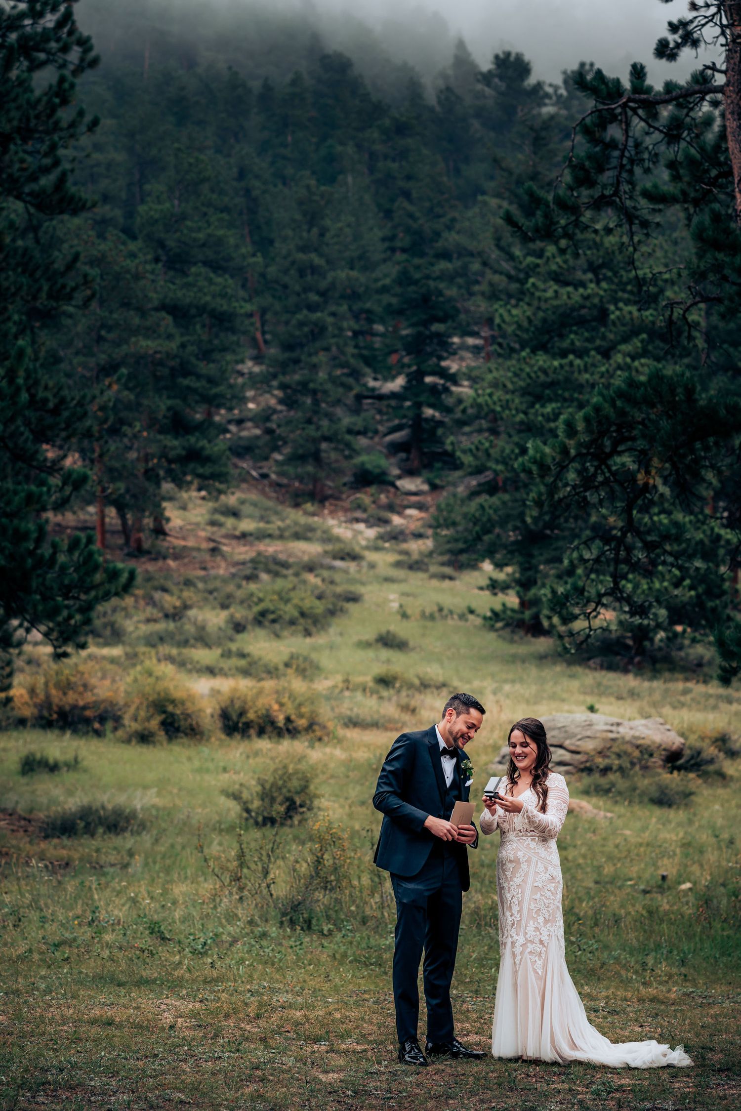 A couple in wedding attire shares a moment while reading in a mountain clearing surrounded by pine trees.