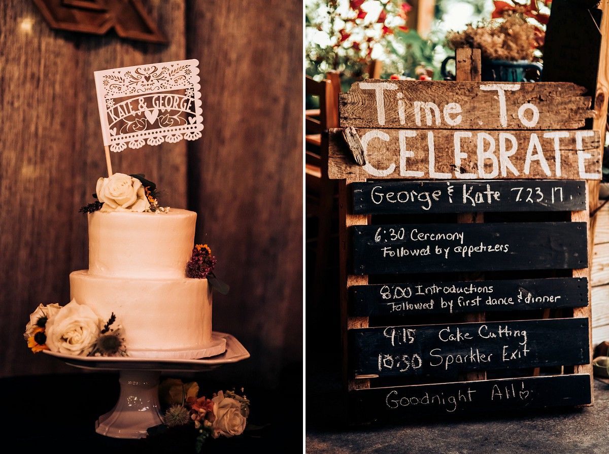 Wedding timeline and cake display featuring elegant white tiered cake with floral decorations.