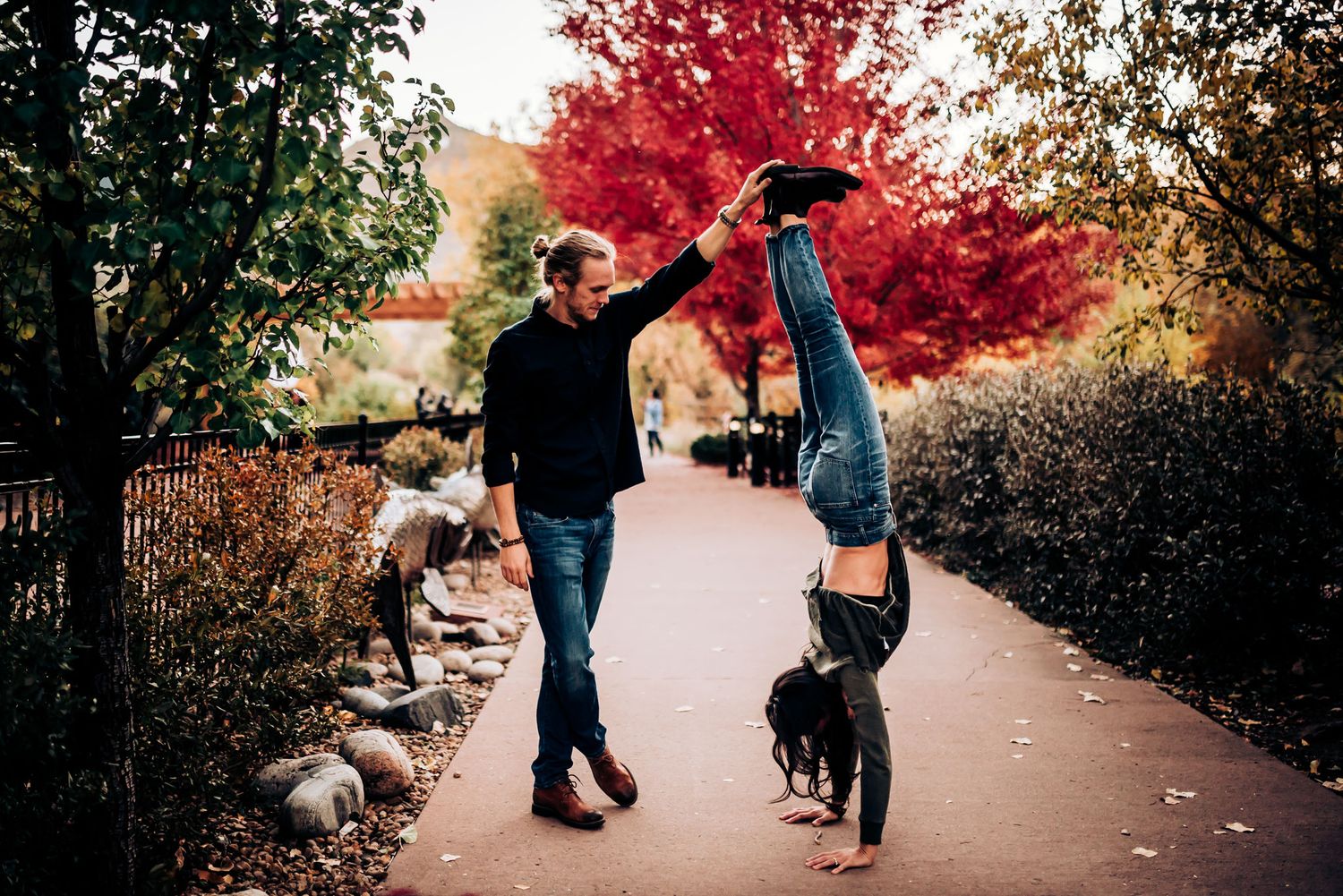 Playful couple and dogs enjoying an autumn path with vibrant red maple trees.