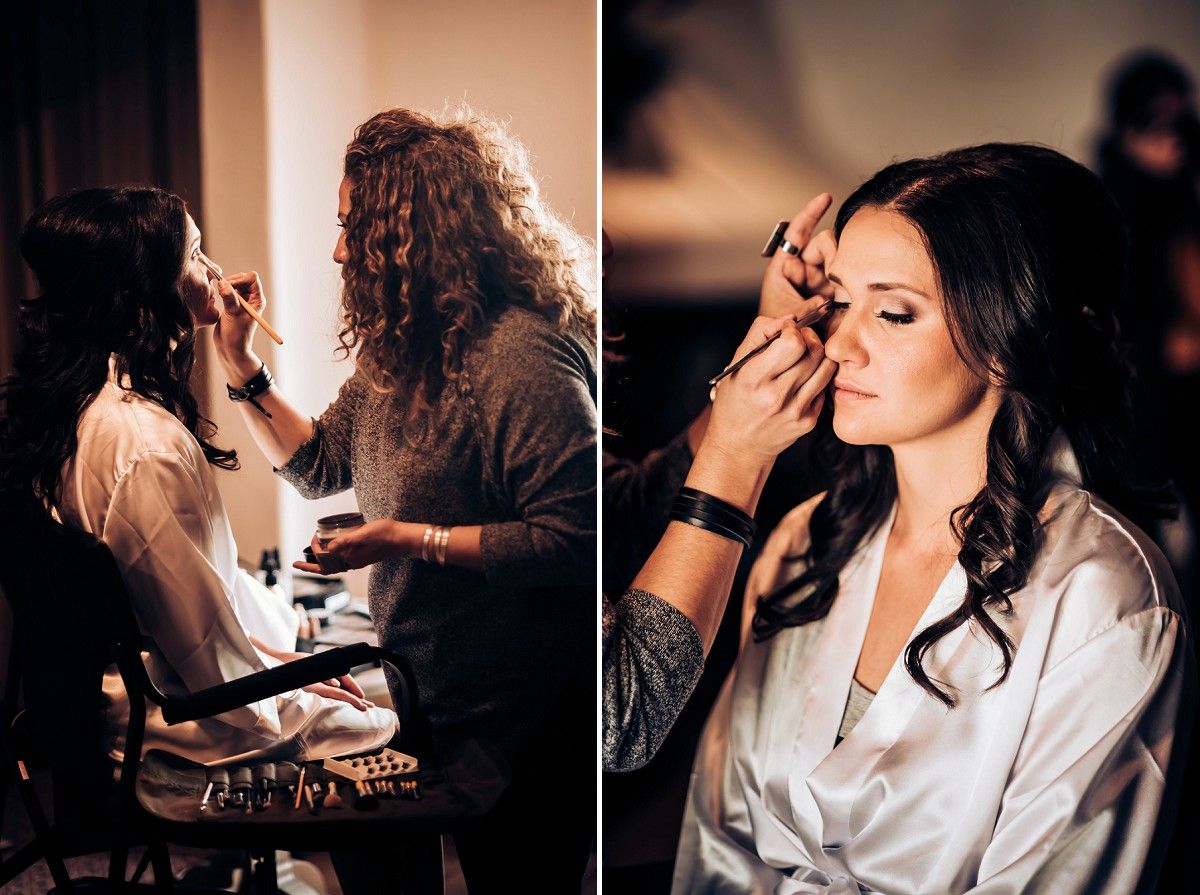 Behind the scenes wedding preparation with makeup application in natural light.