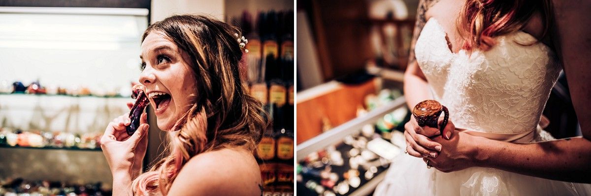 A festive wedding moment captured at a pastry or dessert display counter.
