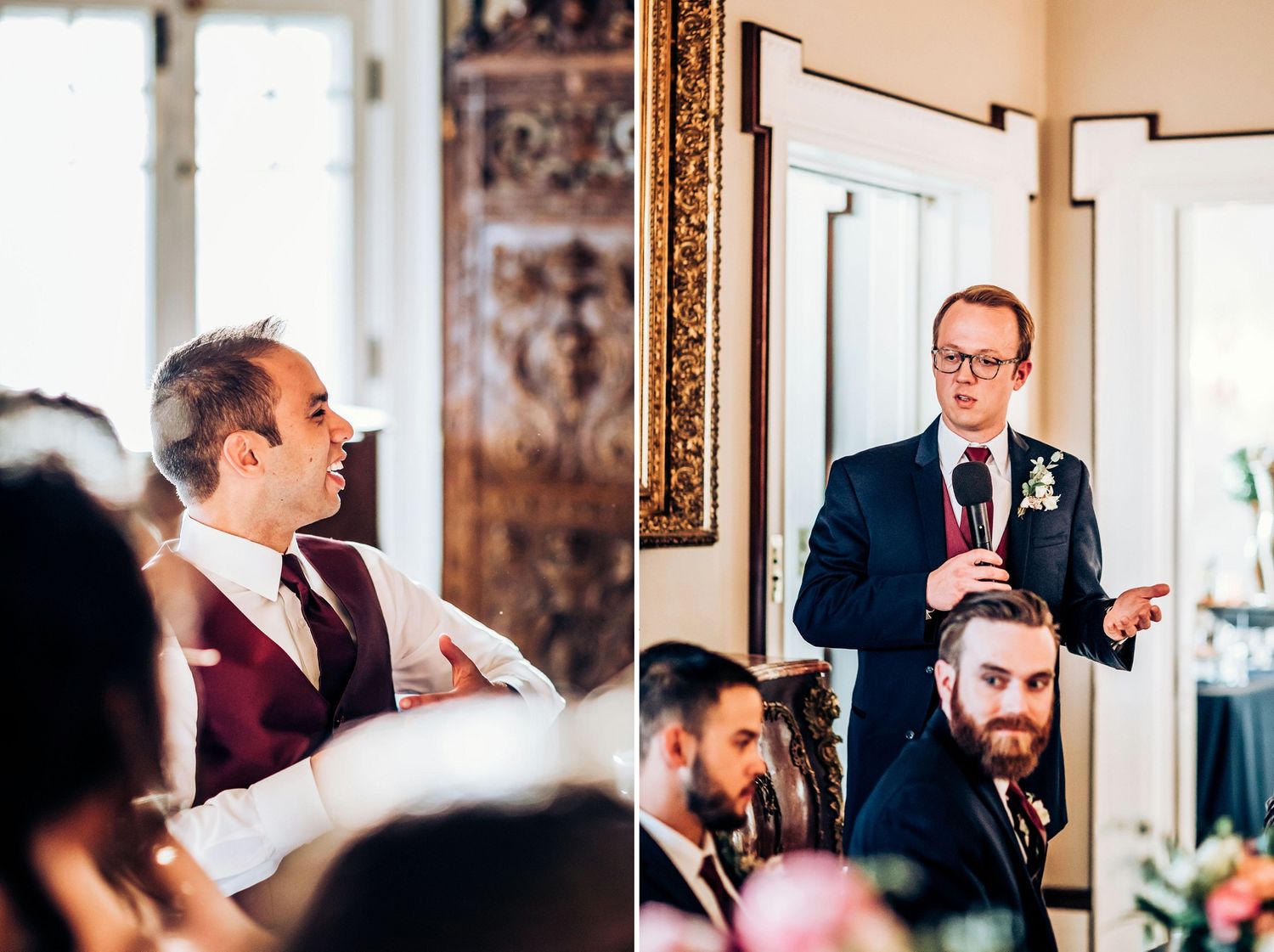 Wedding reception speeches and toasts in wood-paneled room with elegant decor.