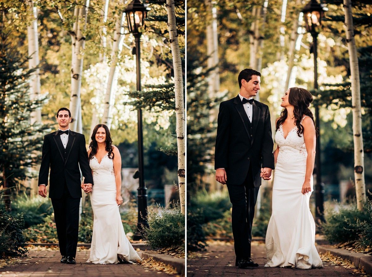 Two formal wedding portraits captured among white birch trees in a natural forest setting.