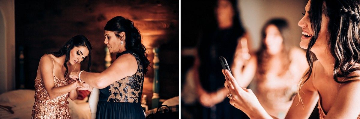 Intimate moments during wedding day preparations in warm lighting.
