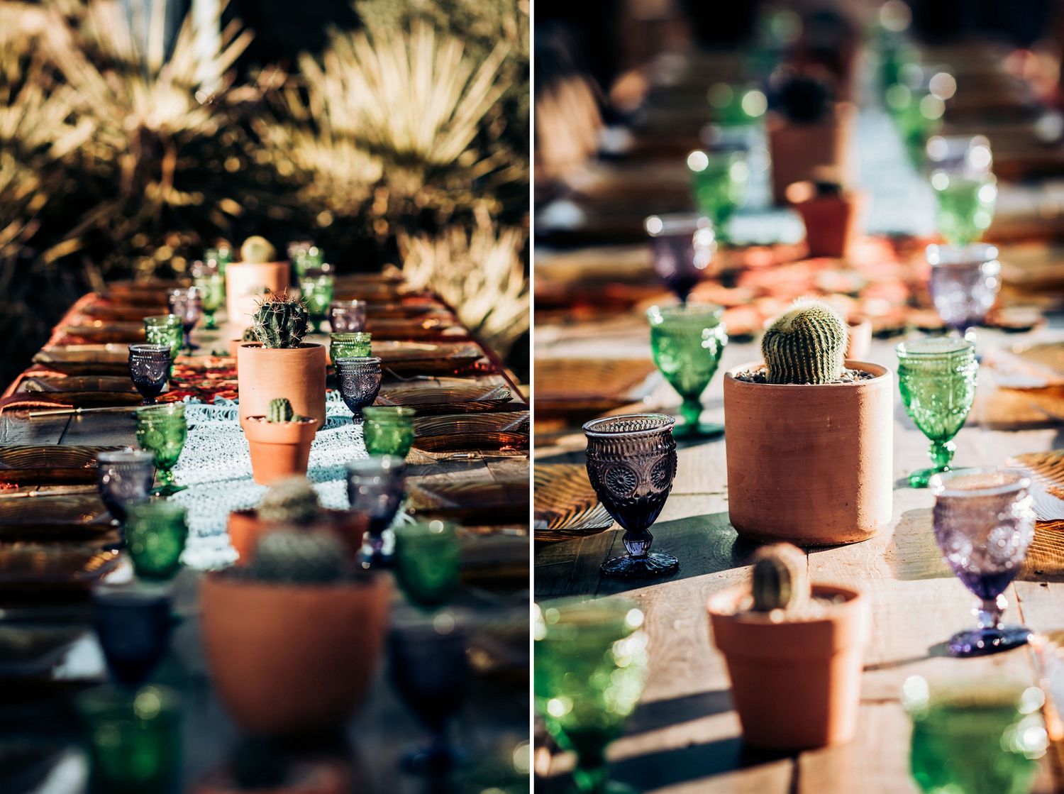 Table setting with green glassware and terracotta pots creates a rustic outdoor dining atmosphere.