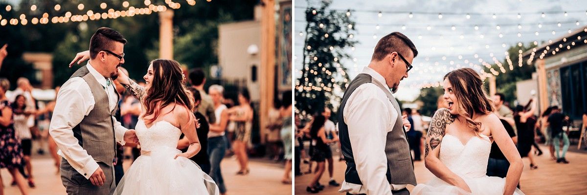 Two candid moments of a couple sharing their first dance outdoors under romantic string lights at a wedding reception.