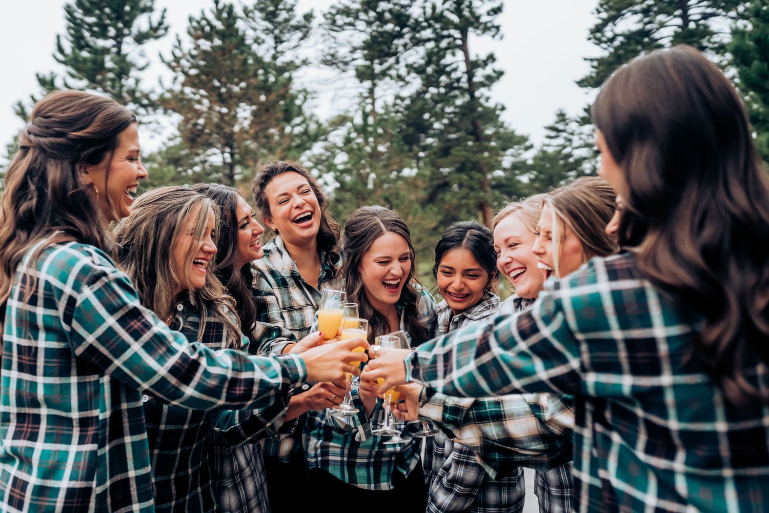 Group of friends in matching plaid shirts toasting and laughing outdoors.