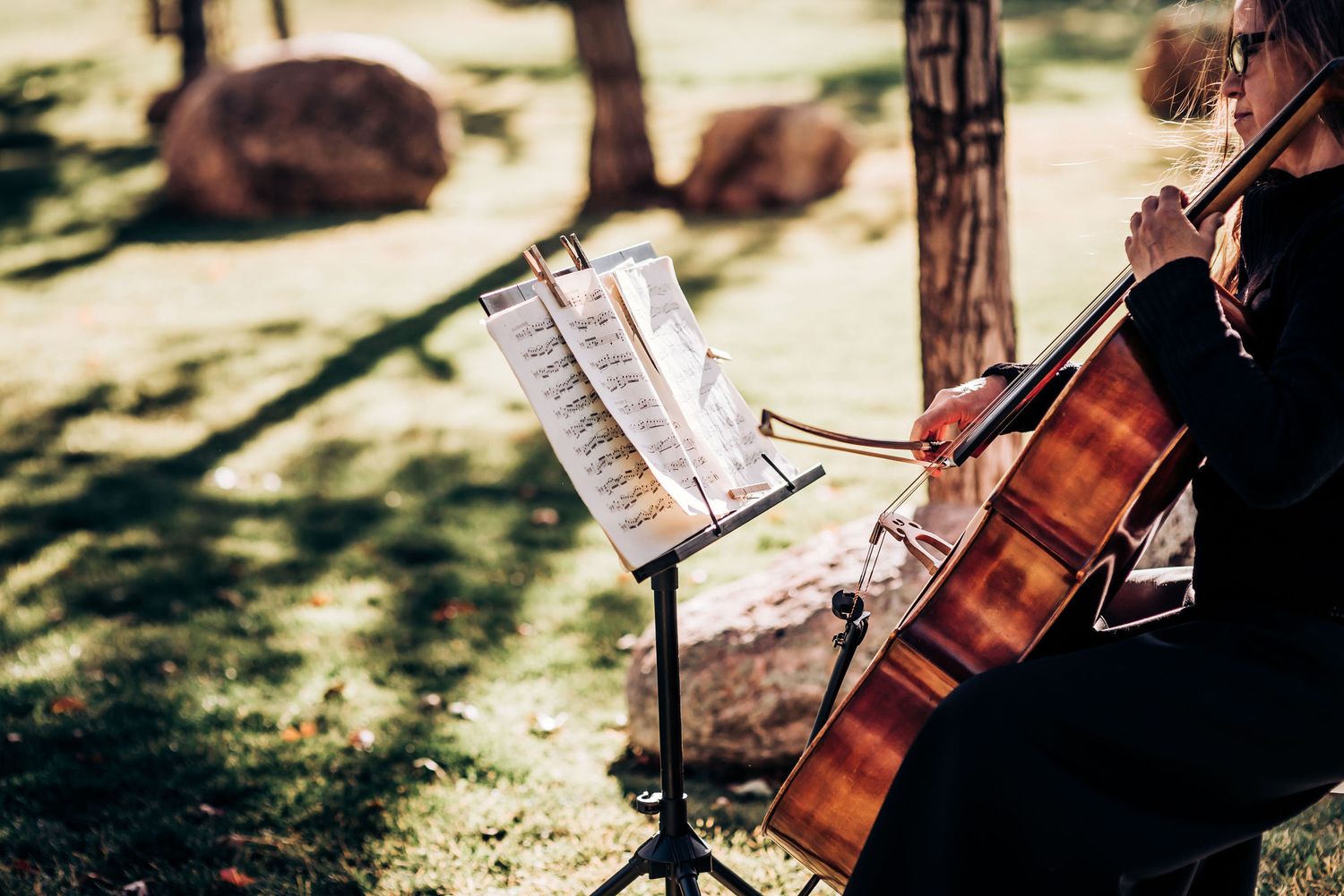 Musician playing cello at outdoor event with sheet music stand in sunlit garden setting.