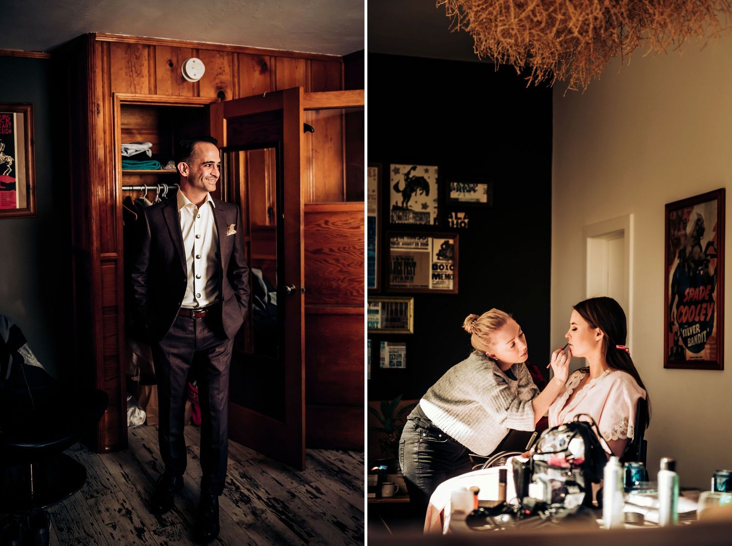 Two side-by-side shots showing wedding preparations in a wood-paneled room.