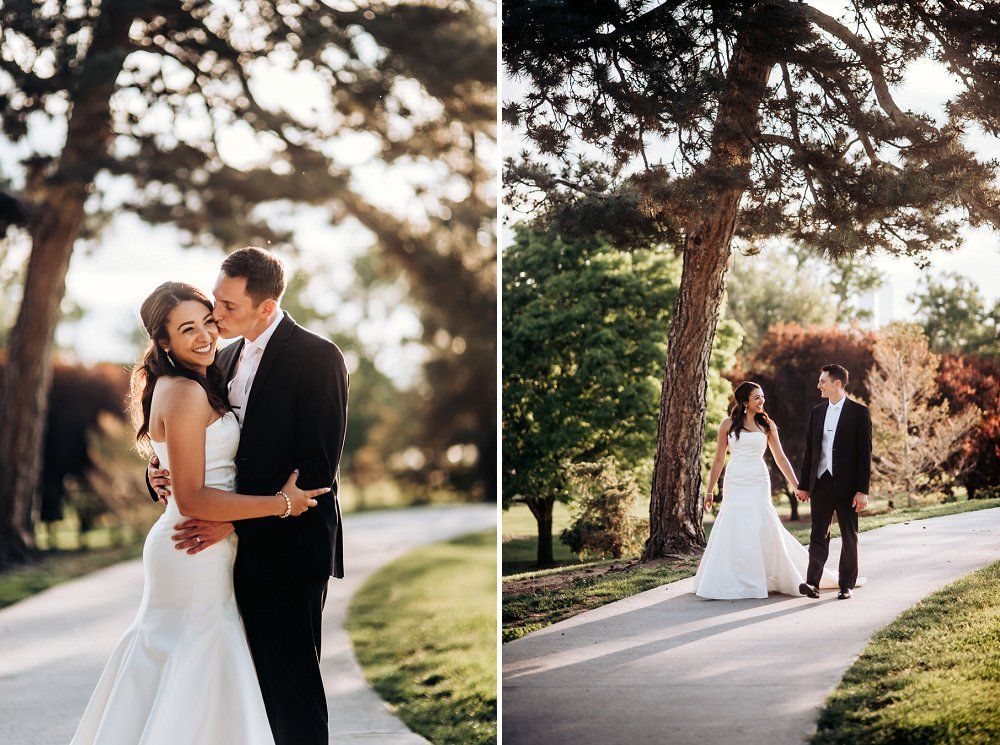 Romantic wedding couple portraits on a tree-lined path during golden hour.