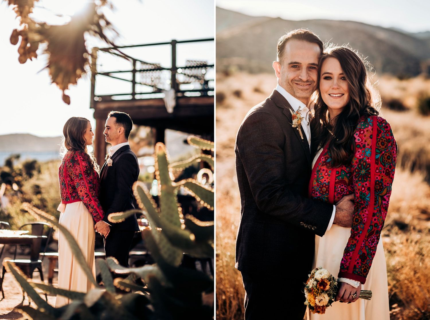 Sun flares illuminate a romantic desert photoshoot at golden hour.