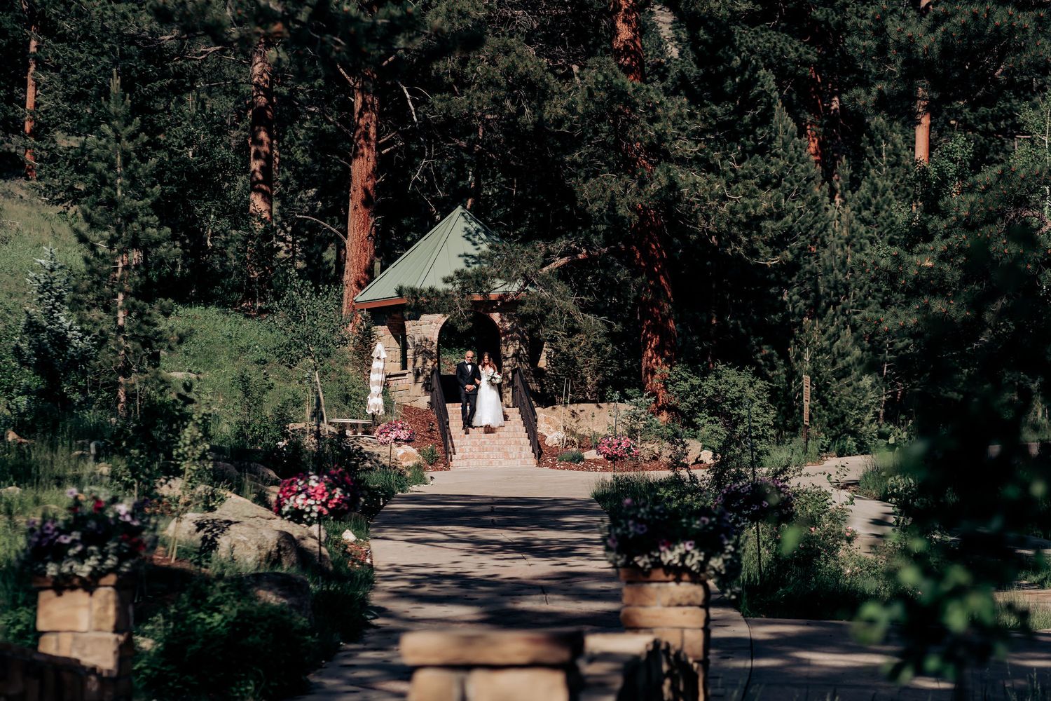A stone pathway leads to a rustic wedding gazebo nestled among tall pine trees in a woodland setting.