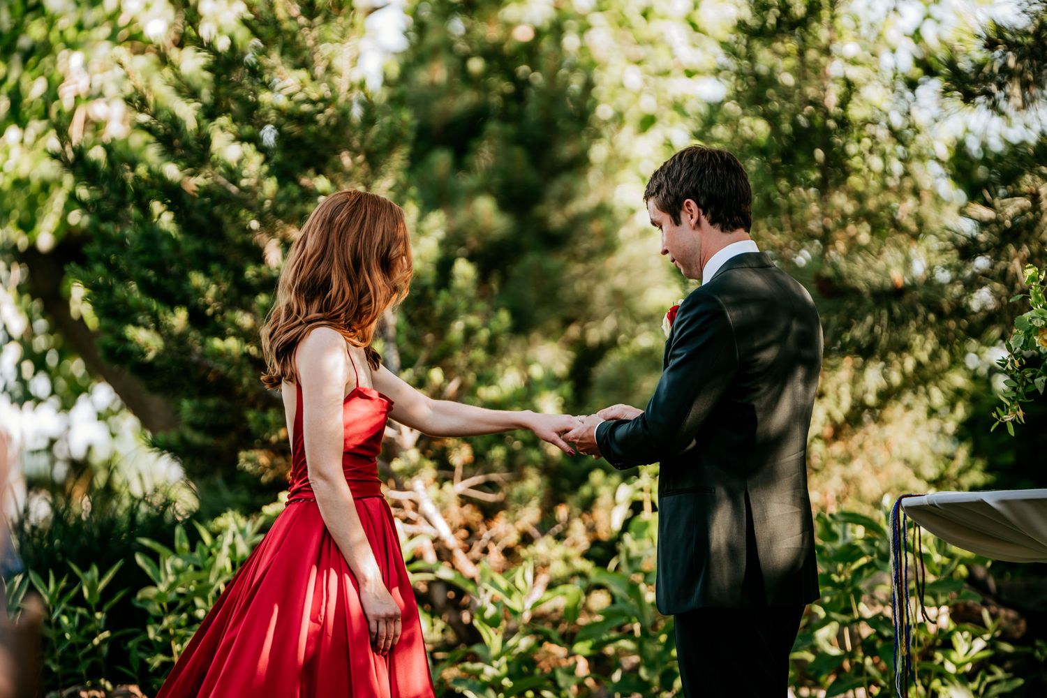 A couple shares a tender moment in a garden setting, with the woman wearing a striking red formal dress.