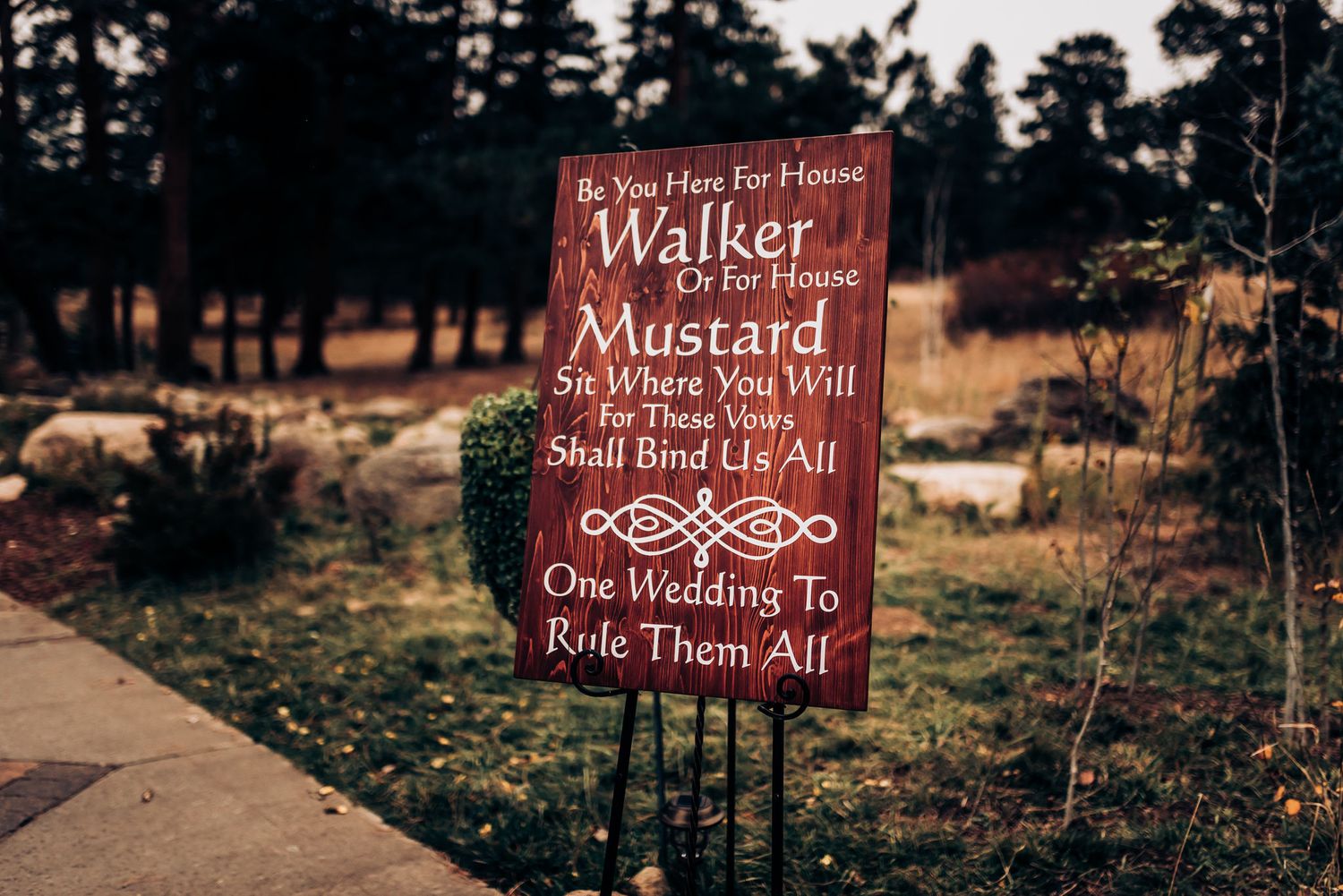 Lord of the Rings themed wedding sign stands against forest background.