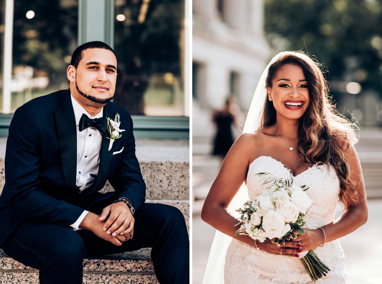 Wedding portrait split-image featuring formal attire and bridal bouquet.