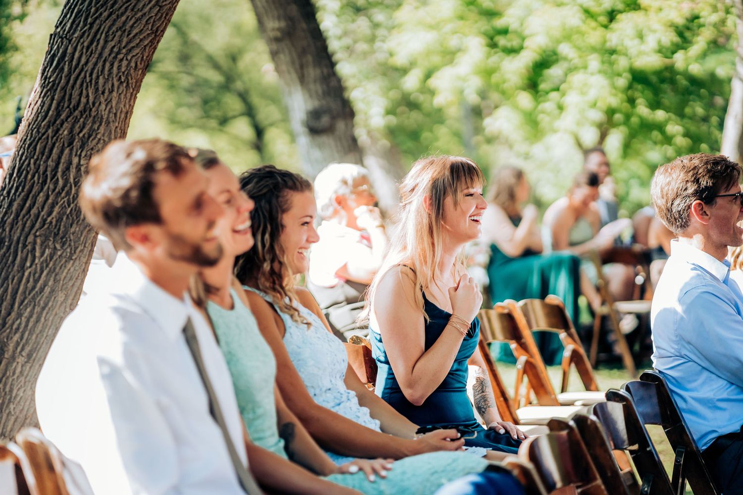 Wedding guests seated outdoors under trees watching the ceremony.