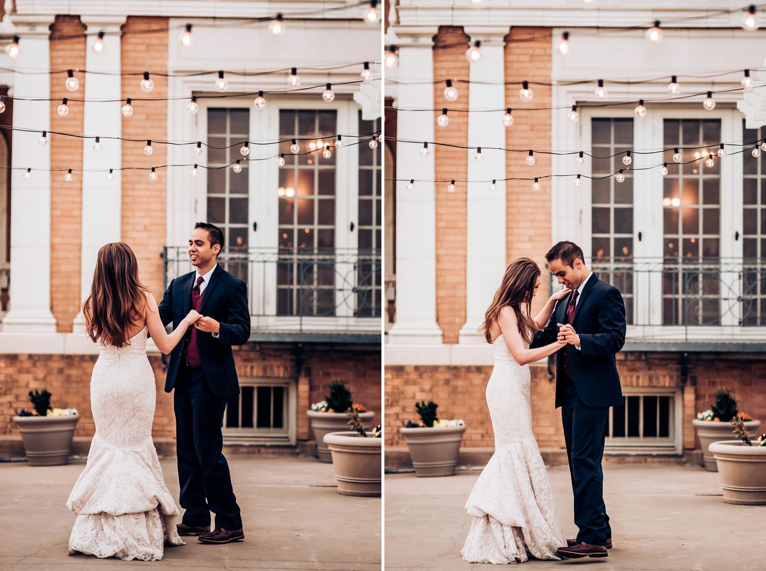 Intimate wedding couple moments captured outside historic building with brick columns.