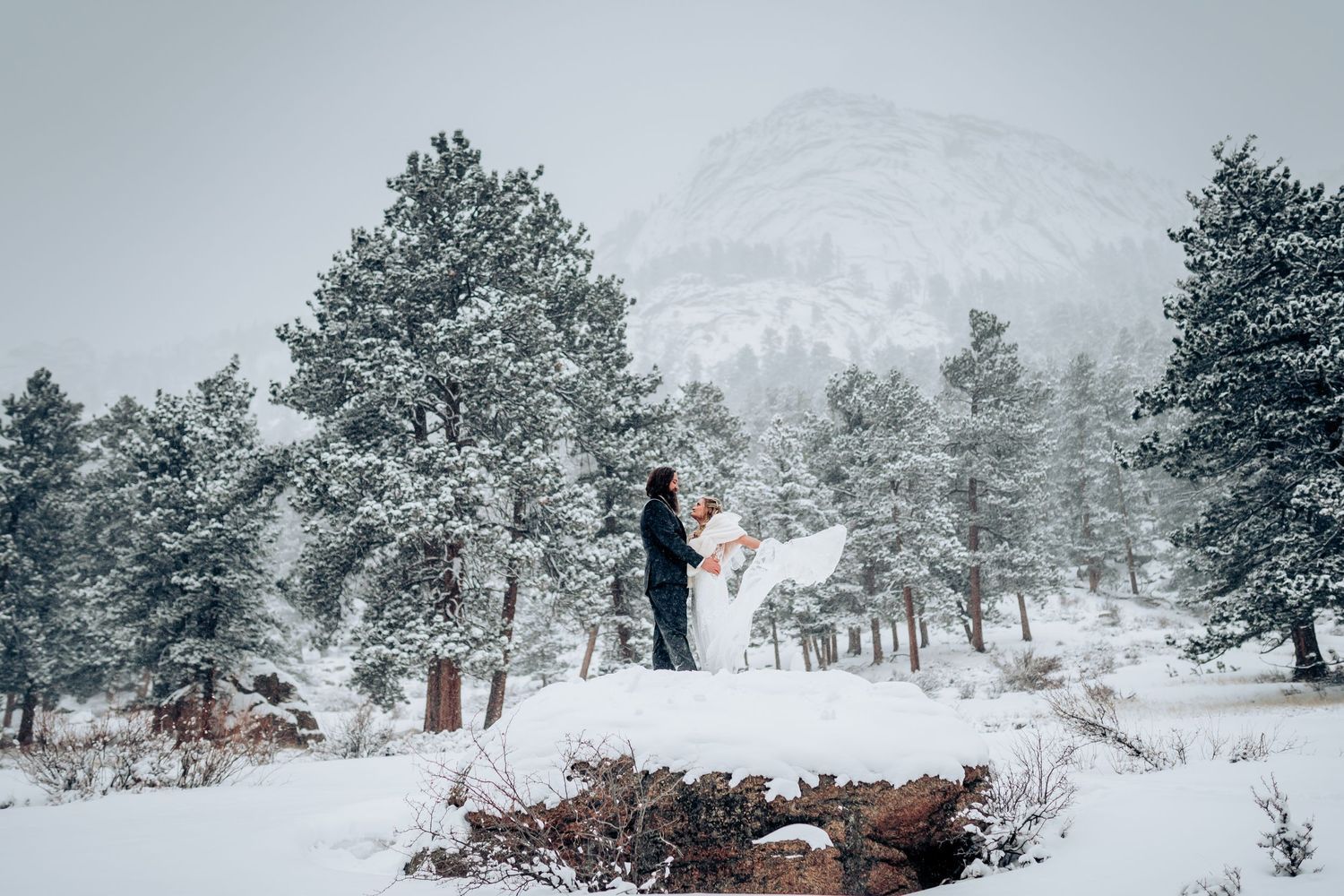 Winter wedding portraits in snow-covered pine forest landscape.