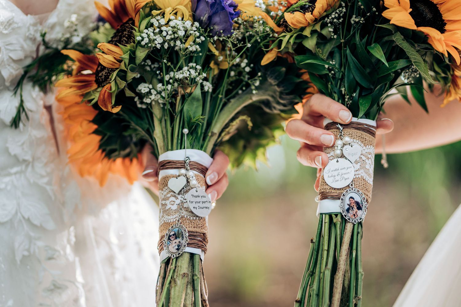 Close up of wedding bouquets with sunflowers wrapped in burlap and lace.