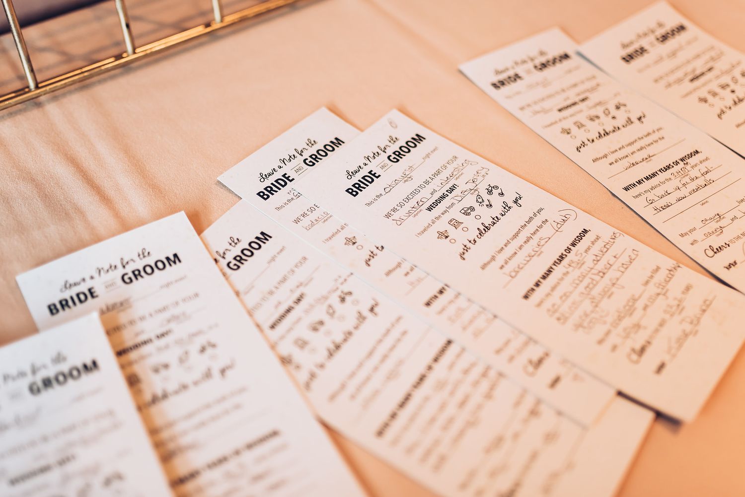 Wedding reception paperwork and order forms with handwritten notes.