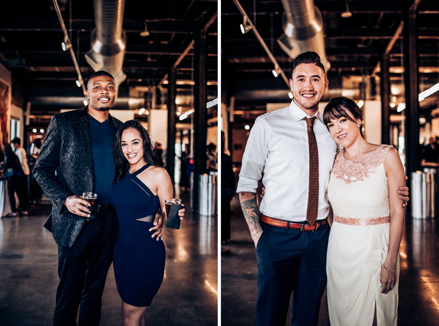 Two couples posing in formal attire inside industrial venue space.