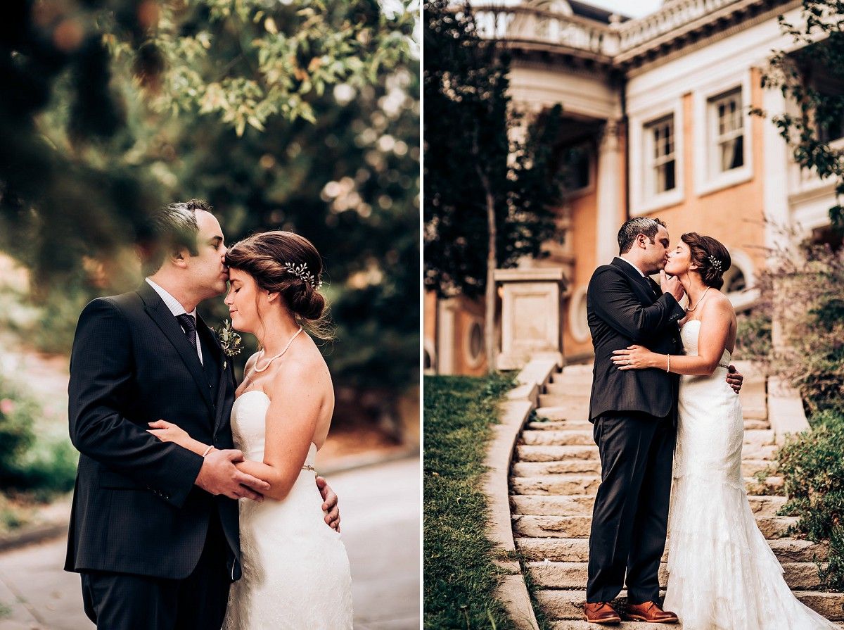 Two romantic wedding portraits at a grand architectural venue with stone steps.
