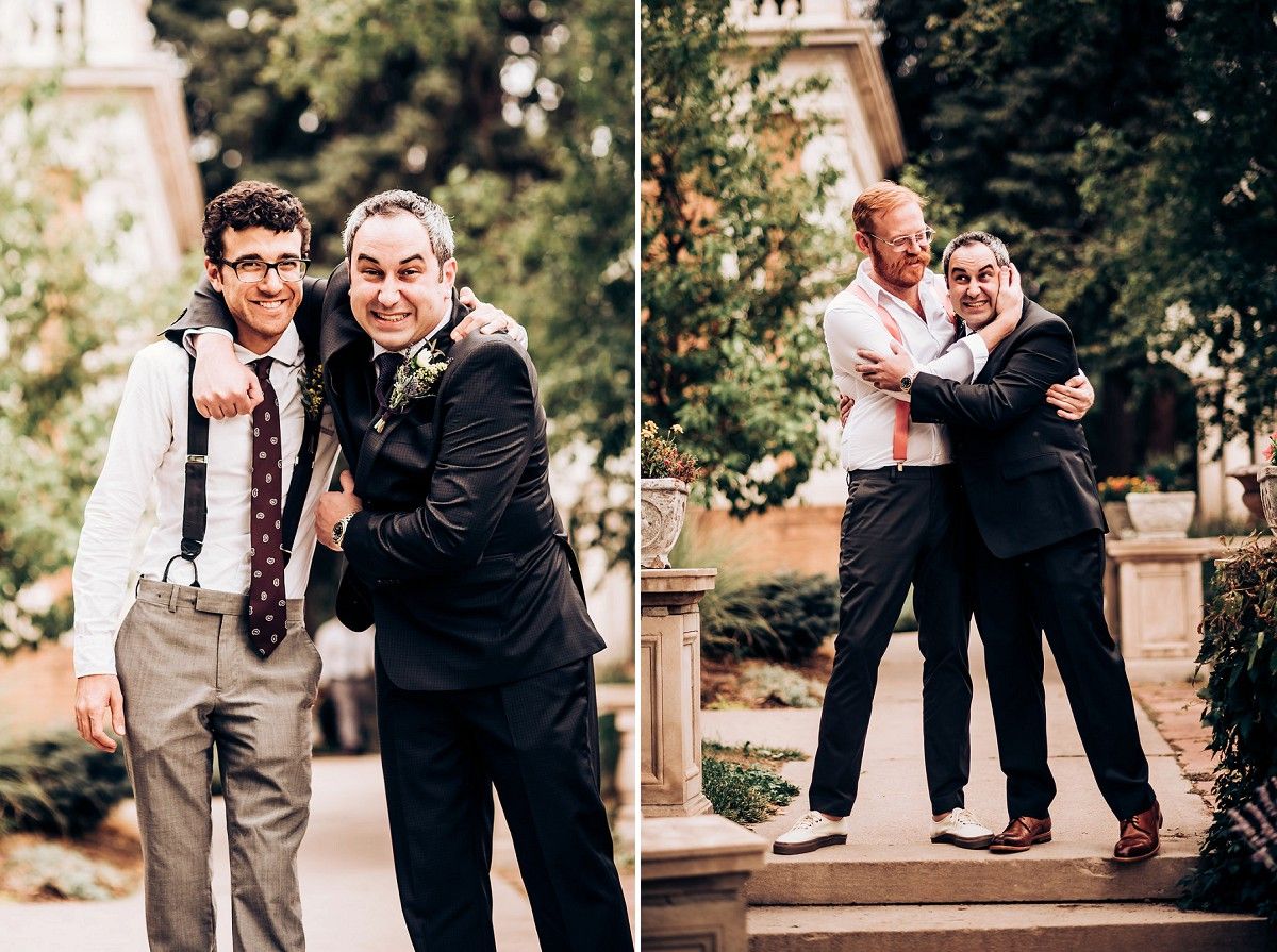 Candid wedding party photos showing fun poses and celebrations outdoors.