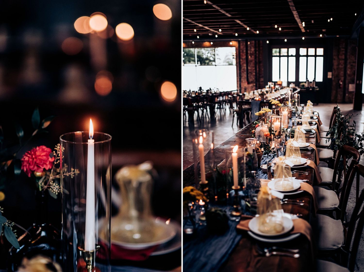 Romantic candlelit wedding reception tables with dark ambiance and string lights overhead.