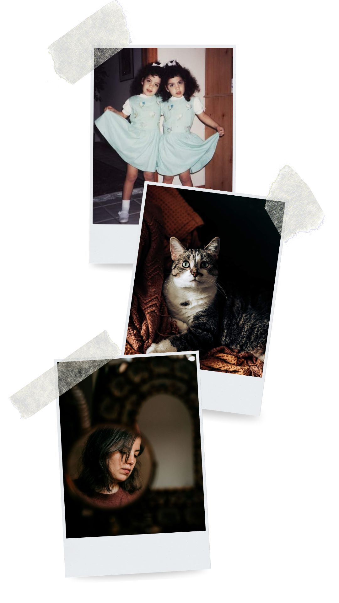Collection of vintage polaroid photographs scattered on white background.