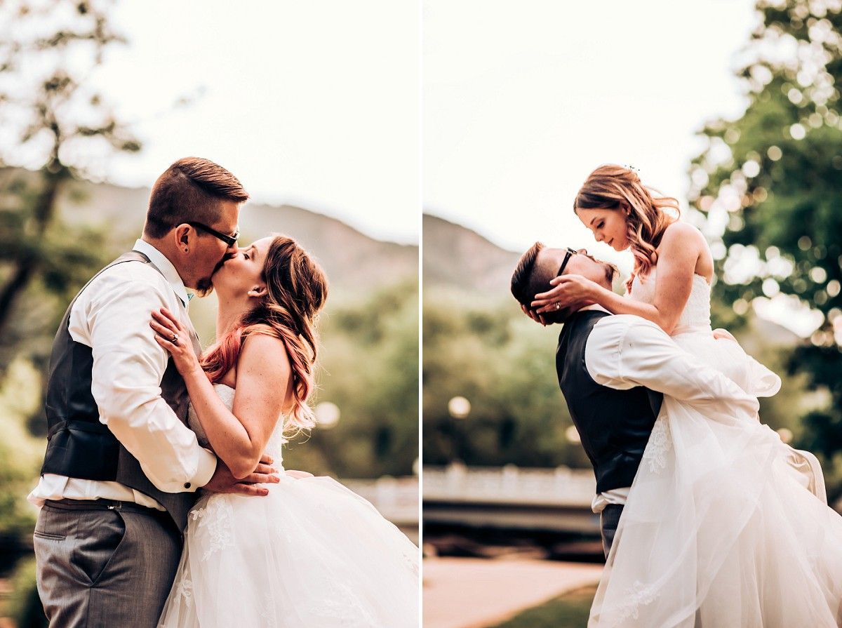 A romantic wedding photoshoot split into two intimate poses outdoors.