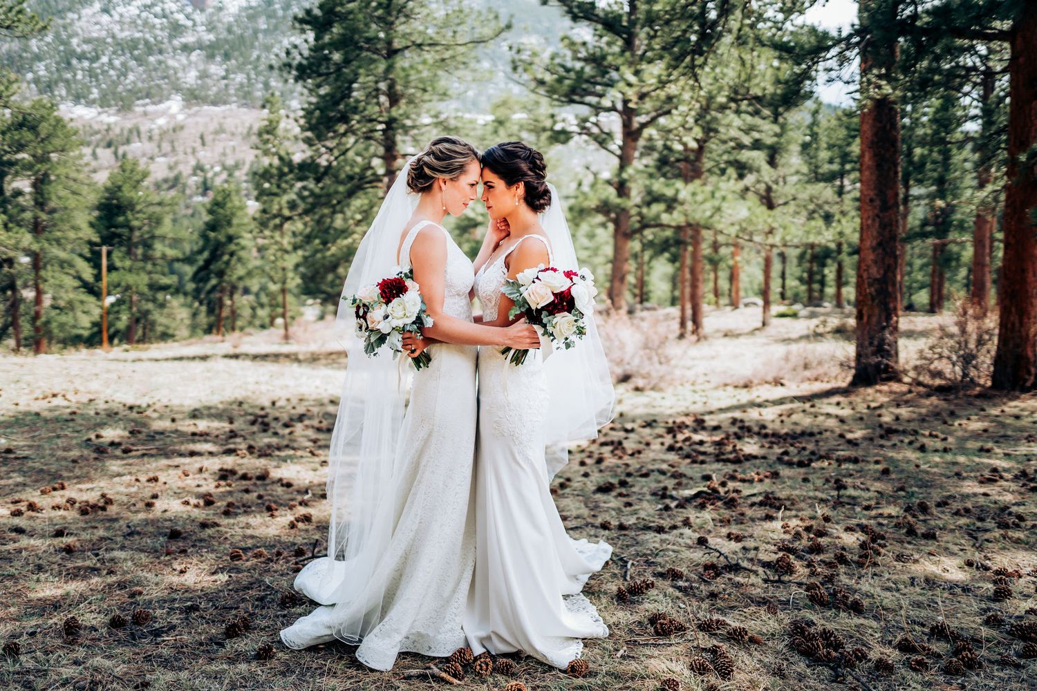 Wedding couple embraces among tall pine trees in a mountain forest setting.