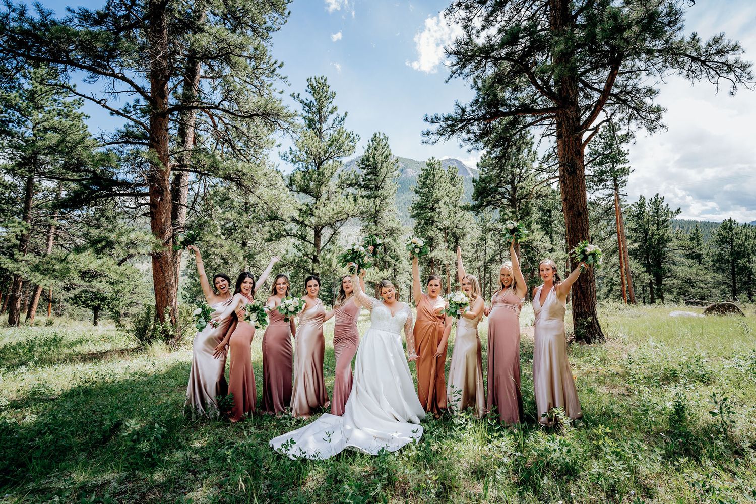A wedding party poses together in a mountain meadow surrounded by tall pine trees.