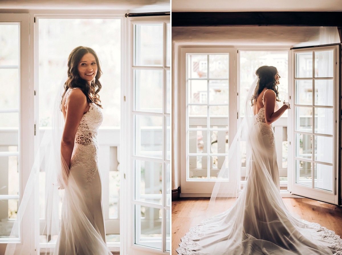 Wedding dress portraits showing intricate details near French doors in natural light.
