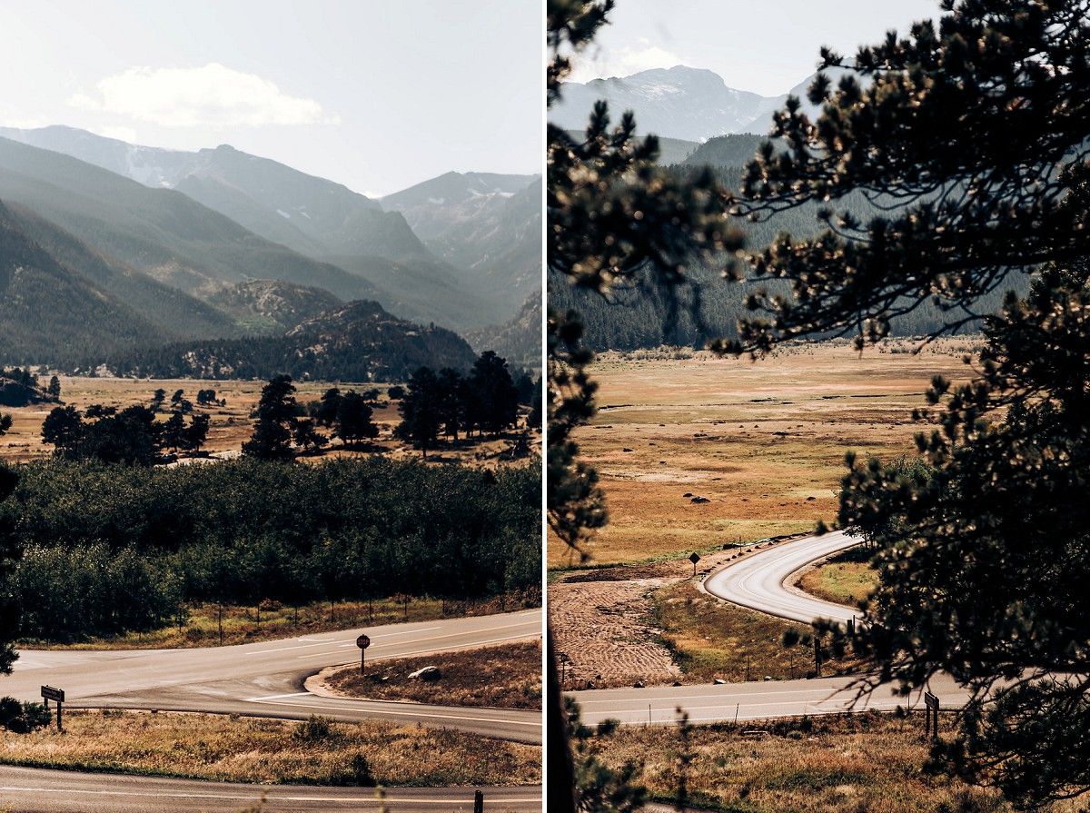 Two side-by-side landscape photos showing winding mountain roads through a scenic valley.