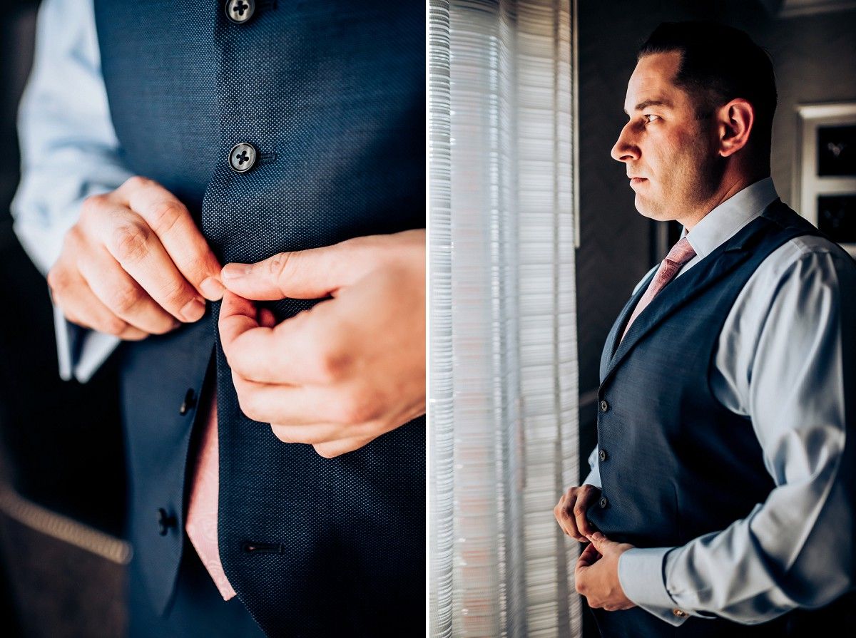 Split image of formal attire details and a side profile in evening wear.