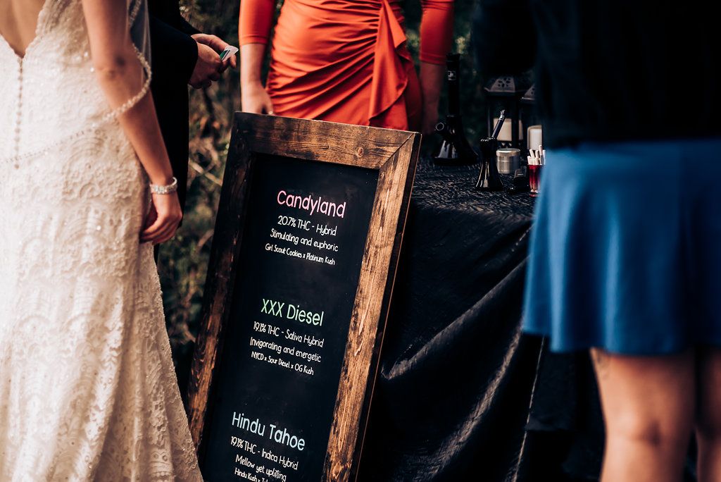 Wedding reception menu board and decor details with elegant dress in background.
