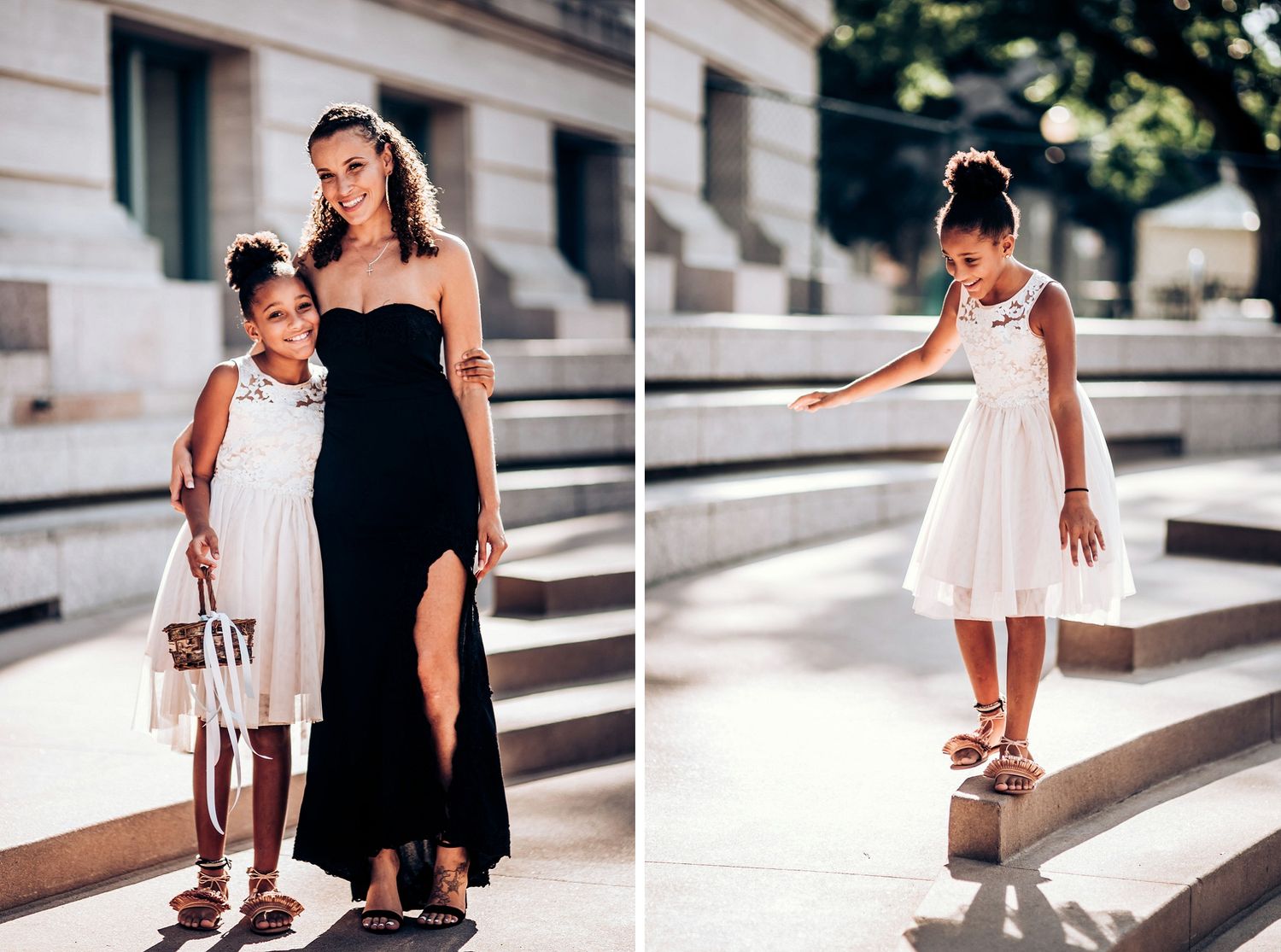 Two portrait photos on stone steps showing elegant formal attire.
