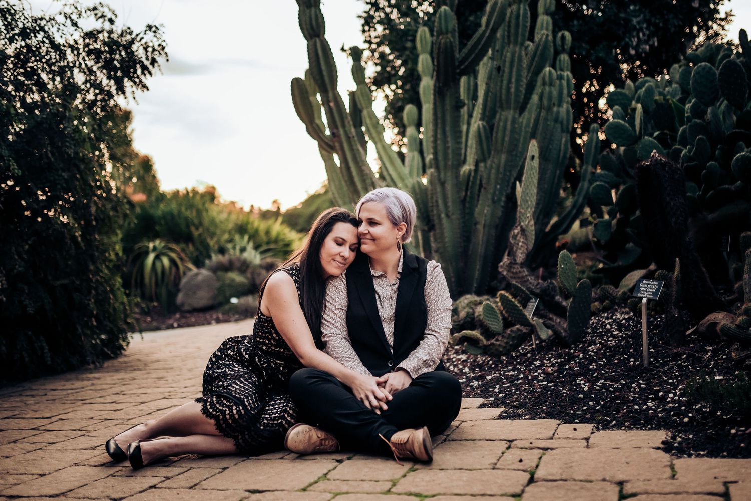 Two people sitting together on stone pavement with tall cactus plants in the background.