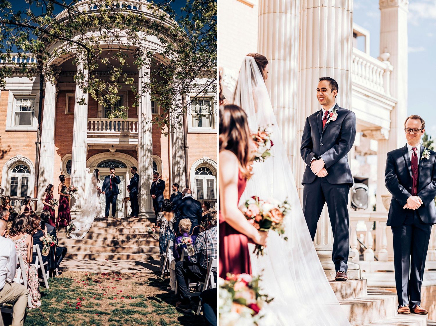 Grand outdoor wedding ceremony at historic mansion with classical columns and gathered guests.