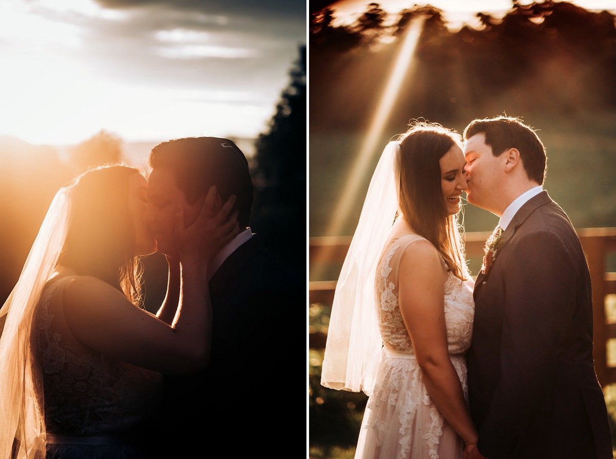 Romantic sunset portraits of newlyweds in golden light.
