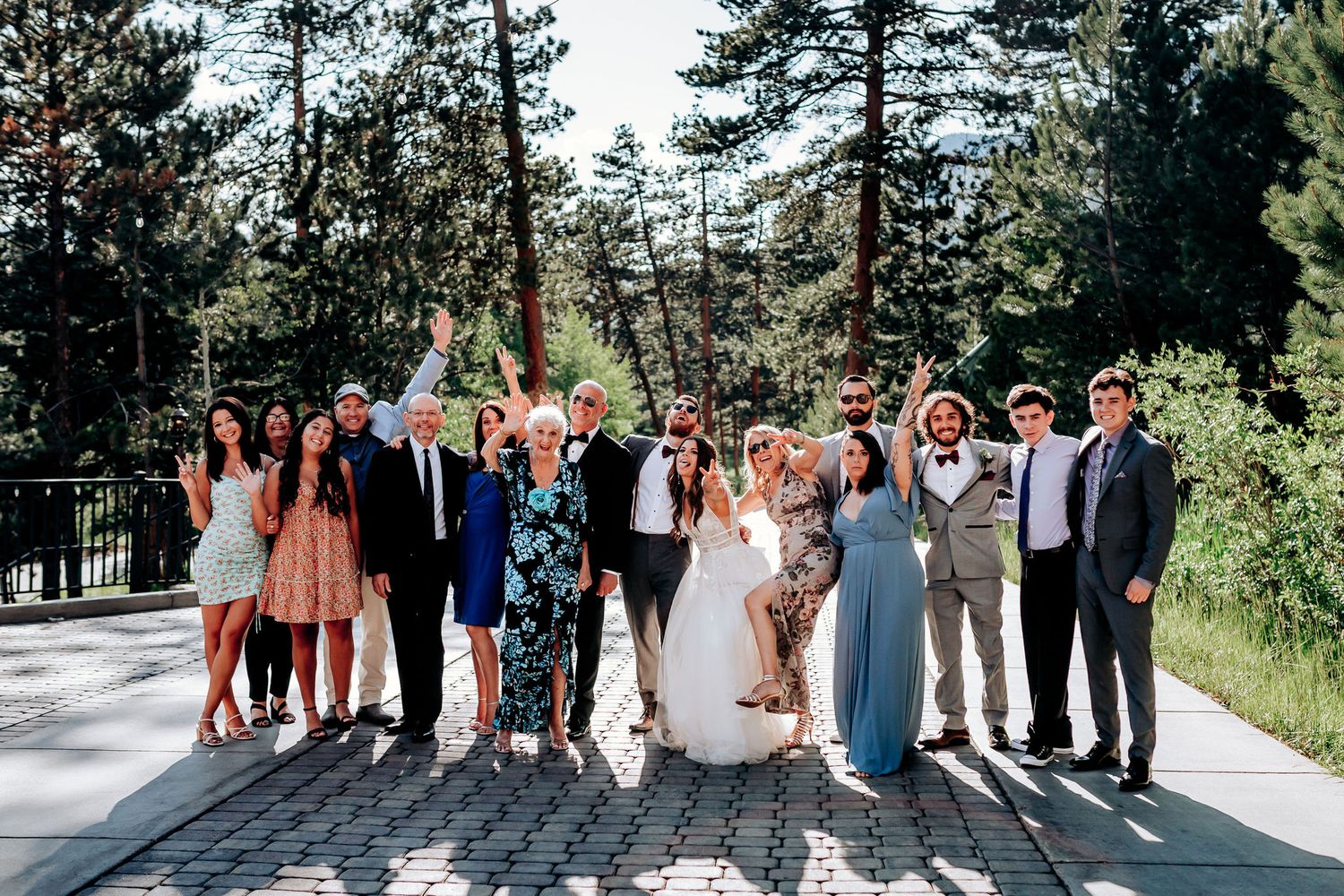 Wedding party and guests pose for formal group photo on stone path with pine trees.